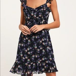 Viola Navy Blue Floral Print Ruffled Dress